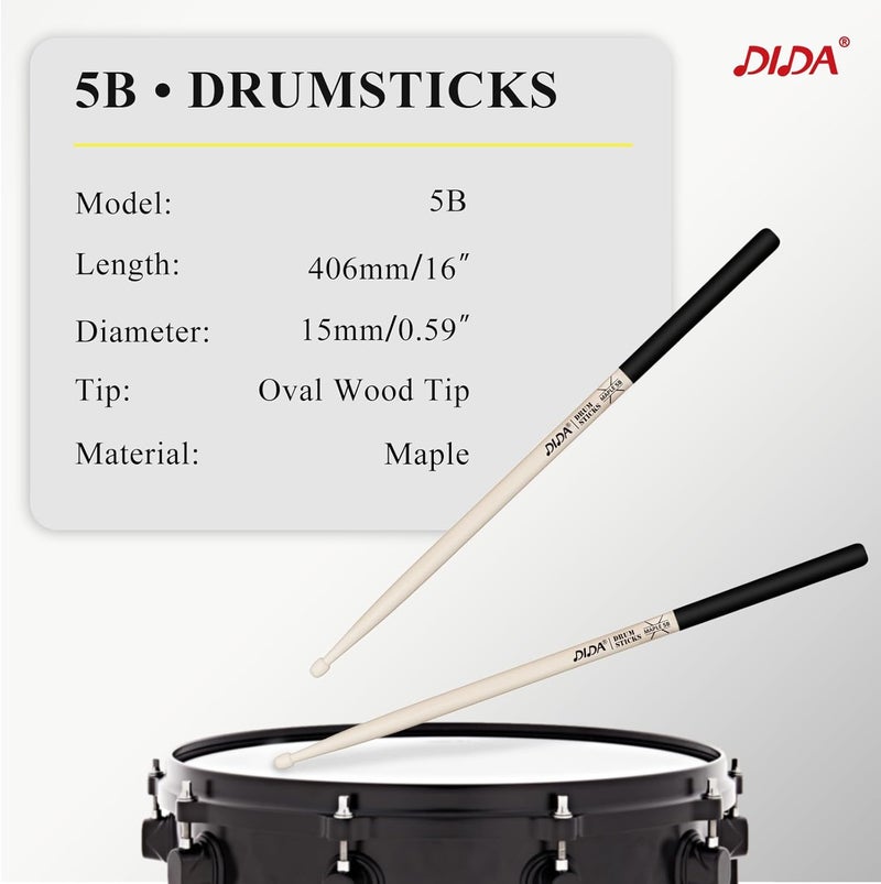 DIDA 5B Drum Sticks, Drum Sticks for Drums, Natural Solid Wood丨Weight Balanced丨Non-Slip Grip, Live Performance & Drum Kit Practice Accessories, Percussion Drumsticks for Beginner (2 Pairs, 5B) - Image 2